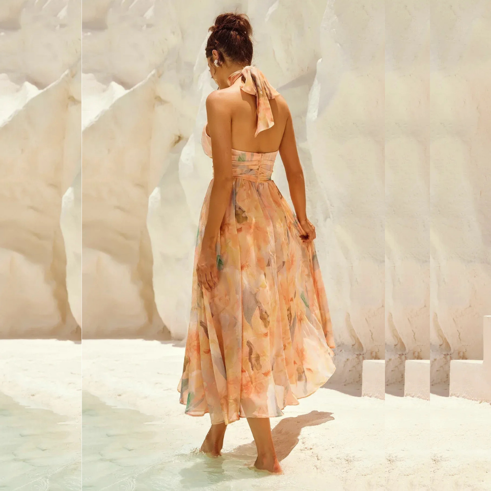 IRIS VESTIDO MIDI HALTER TONOS PASTEL ACUARELA