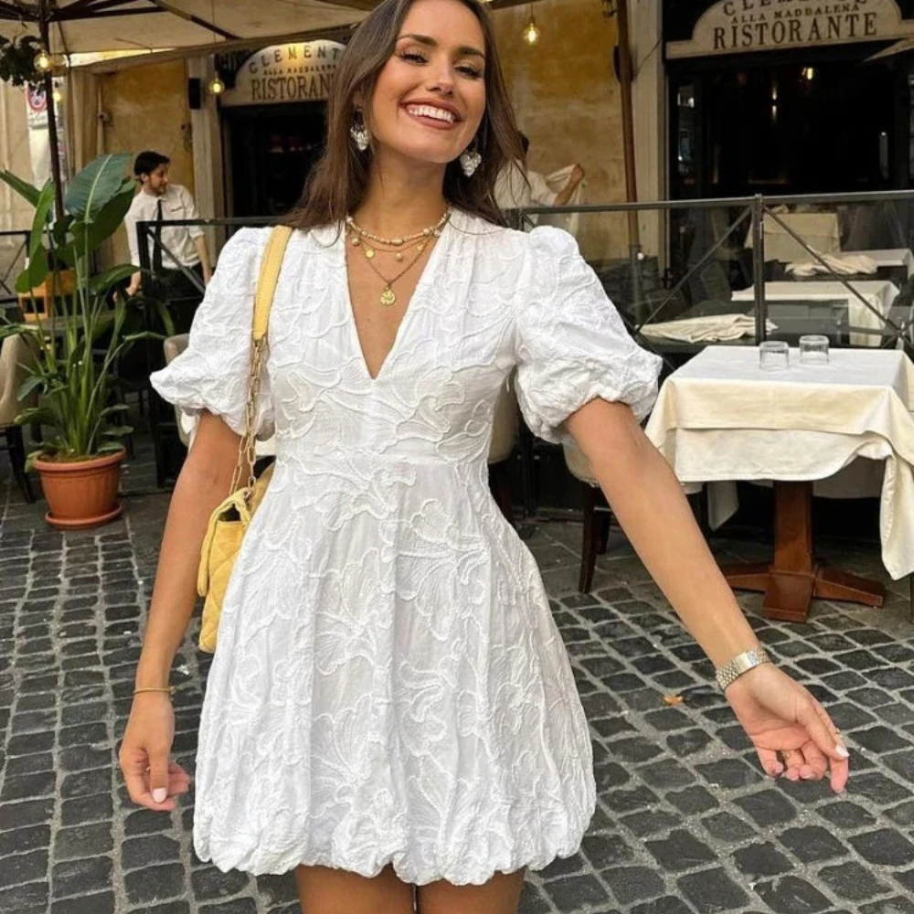 HELENA VESTIDO MINI BORDADO MANGA ABULLONADA
