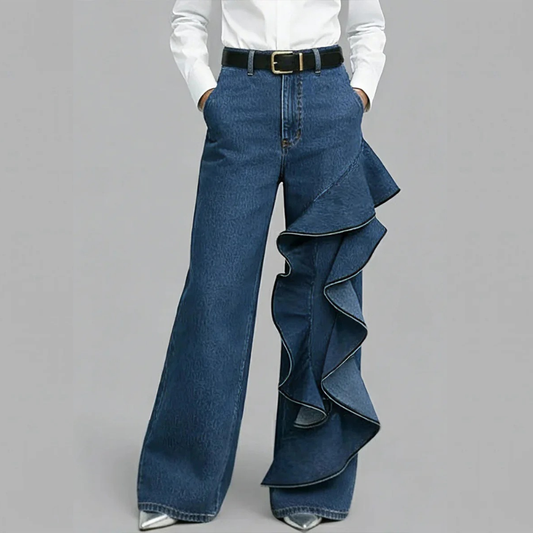 GENEDA PANTALÓN VAQUERO WIDE LEG CON VOLANTE ASIMÉTRICO