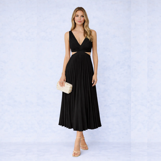 CATHYA VESTIDO MIDI PLISADO CON ESCOTE CRUZADO