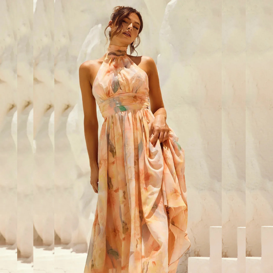 IRIS VESTIDO MIDI HALTER TONOS PASTEL ACUARELA