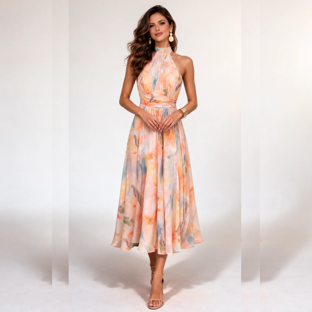 IRIS VESTIDO MIDI HALTER TONOS PASTEL ACUARELA