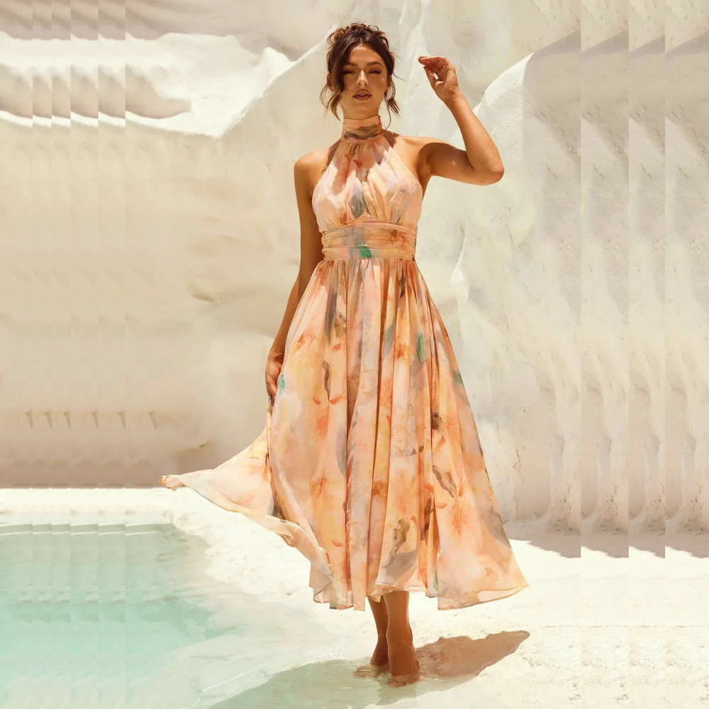 IRIS VESTIDO MIDI HALTER TONOS PASTEL ACUARELA