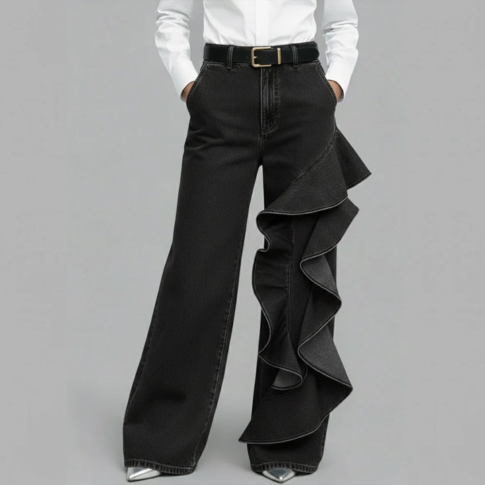 GENEDA PANTALÓN VAQUERO WIDE LEG CON VOLANTE ASIMÉTRICO