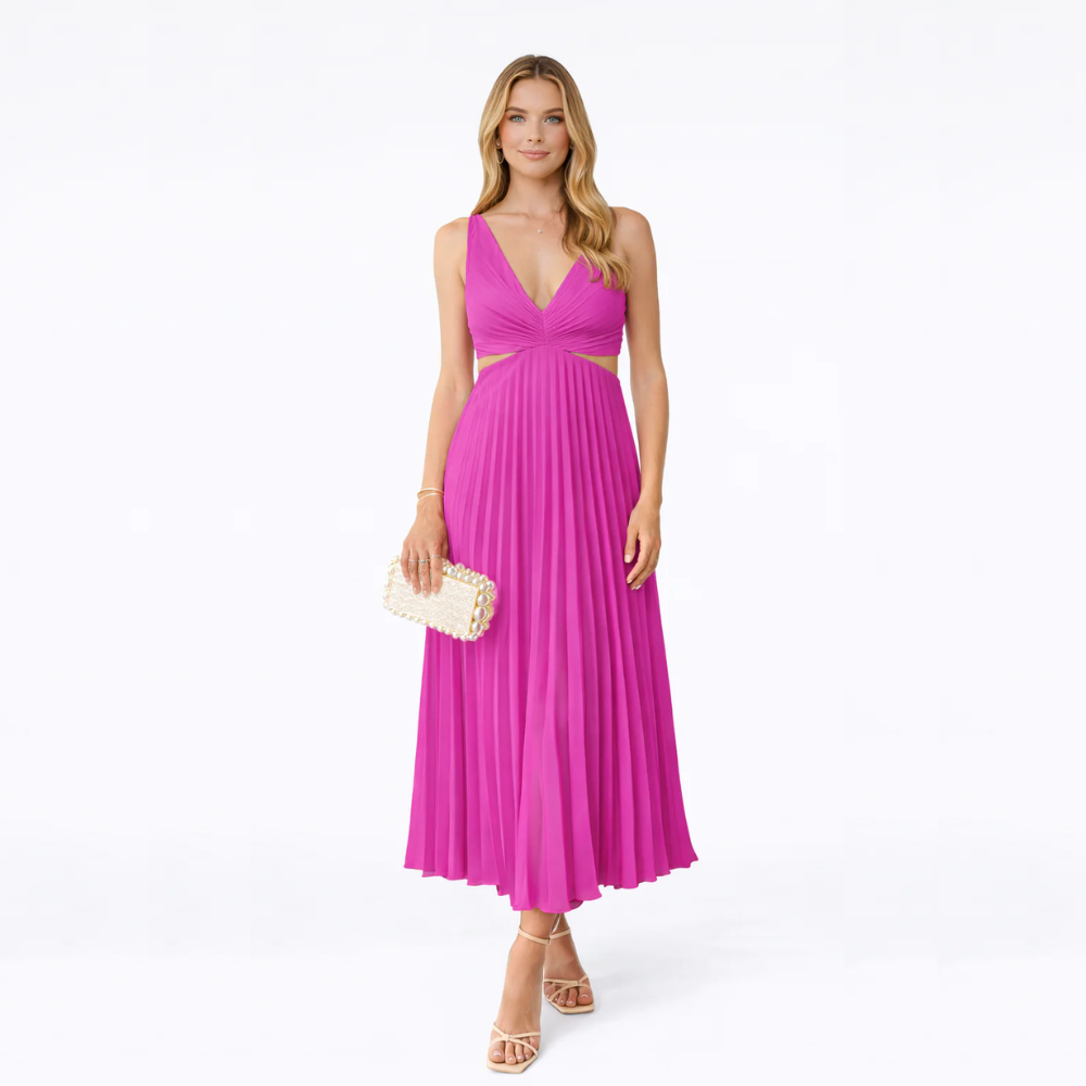 CATHYA VESTIDO MIDI PLISADO CON ESCOTE CRUZADO