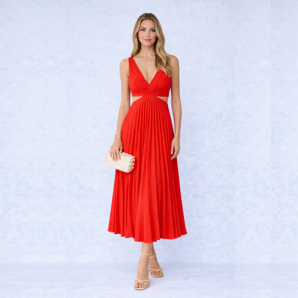 CATHYA VESTIDO MIDI PLISADO CON ESCOTE CRUZADO