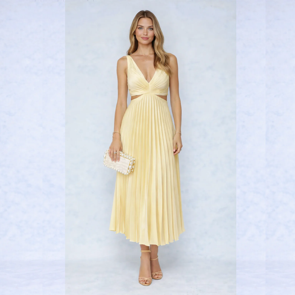 CATHYA VESTIDO MIDI PLISADO CON ESCOTE CRUZADO