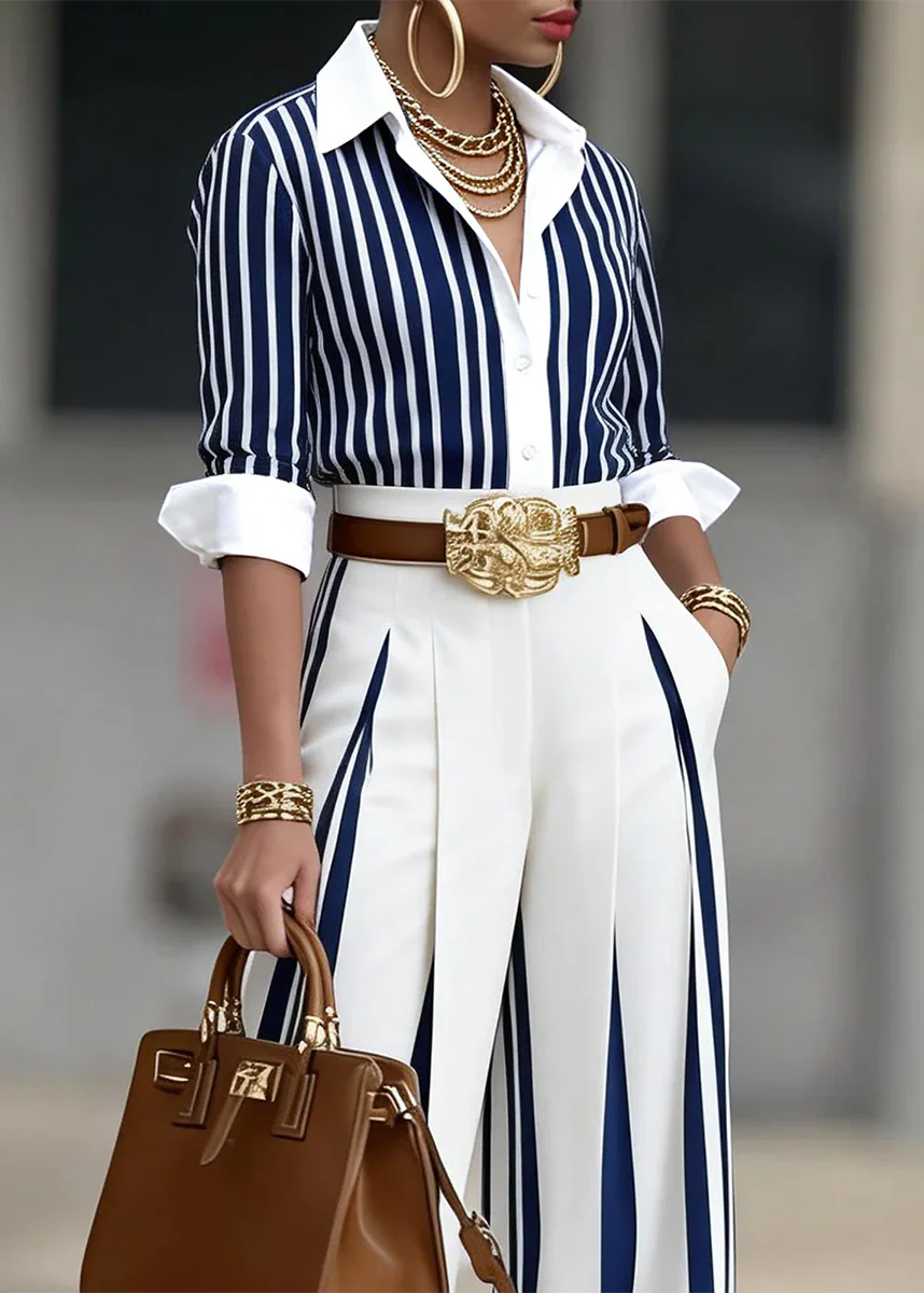 Noelia - Conjunto De Mujer A Rayas Con Camisa Y Pantalón Ancho
