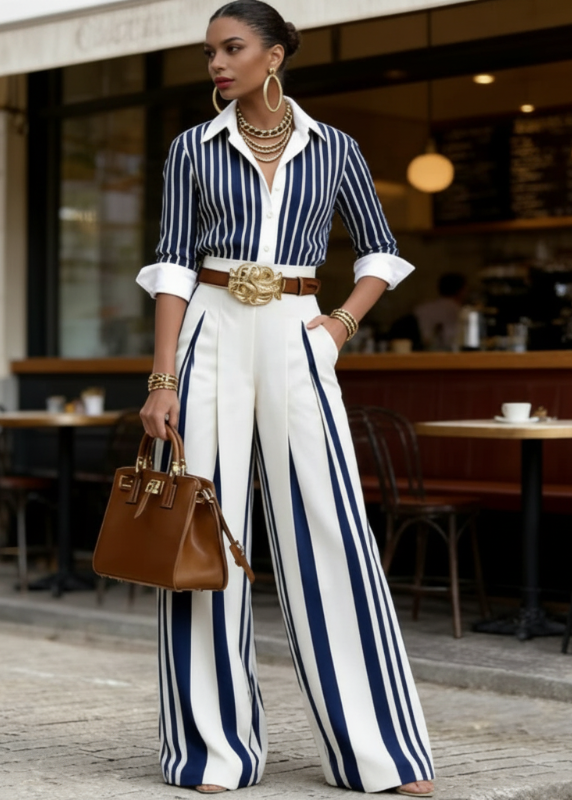 Noelia - Conjunto De Mujer A Rayas Con Camisa Y Pantalón Ancho